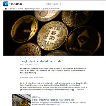 Kryptowährungen vs. Gold<br>
Taugt Bitcoin als Inflationsschutz?<br>
Kryptowährungen wie Ethereum und Bitcoin befinden sich im Aufwind. Anhänger sehen in ihnen das digitale Äquivalent zu Gold - Inflationsschutz inklusive. Nicht alle Experten teilen diese Meinung. Quagga Braking Crypto News TAGESSCHAU - 08.11.2021: Taugt Bitcoin als Inflationsschutz? Kryptowährungen wie Ethereum und Bitcoin befinden sich im Aufwind. Anhänger sehen in ihnen das digitale Äquivalent zu Gold - Inflationsschutz inklusive. Nicht alle Experten teilen diese Meinung